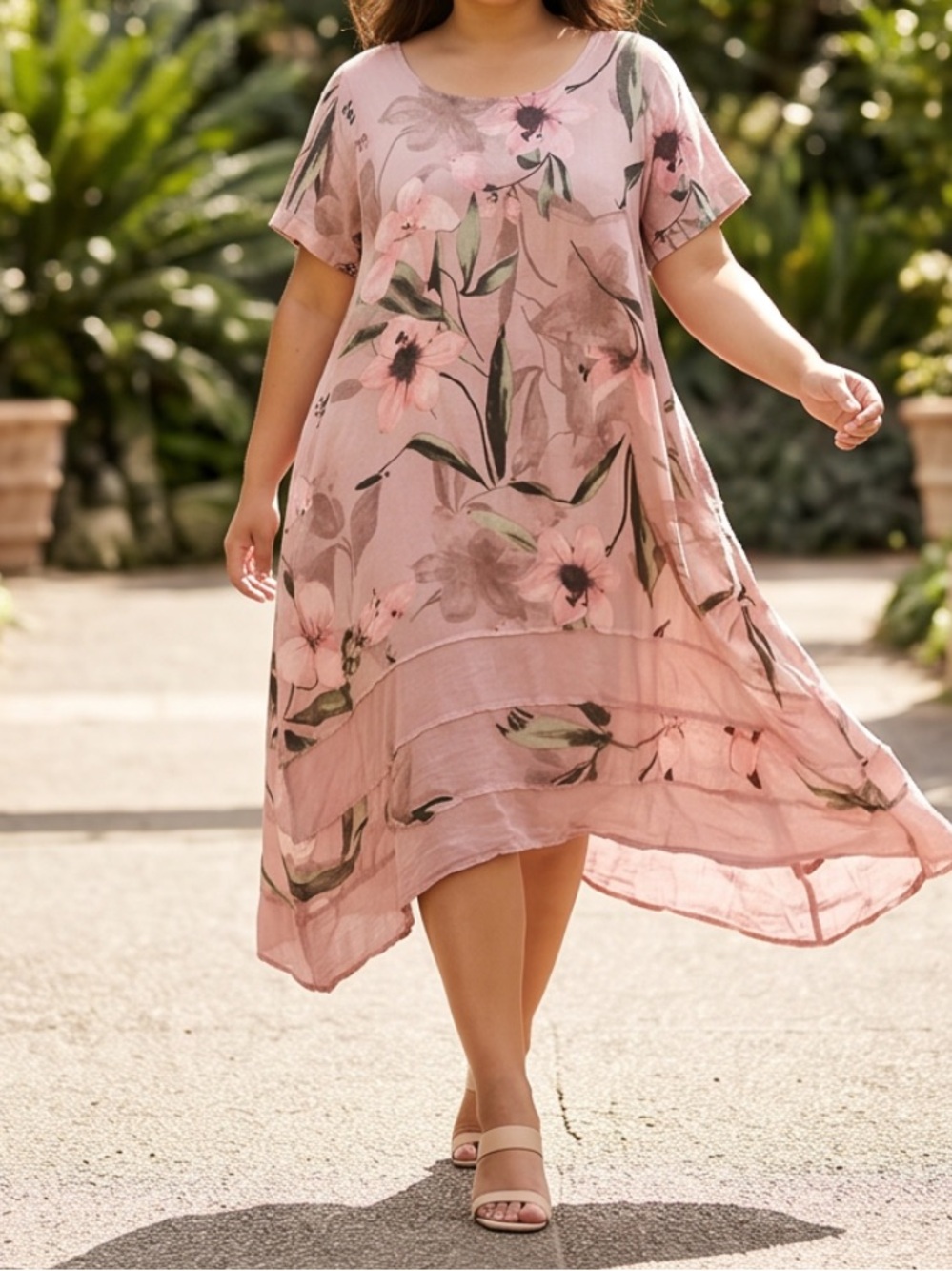 Light Pink Floral linen  Maxi Dress with Short Sleeves